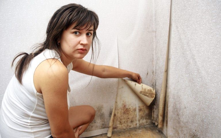 Woman peeling wallpaper to reveal black mold