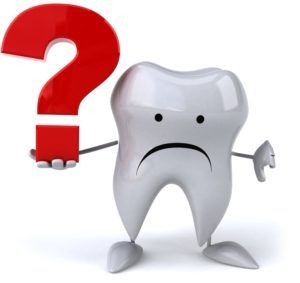 Giant tooth with a sad face holding a question mark