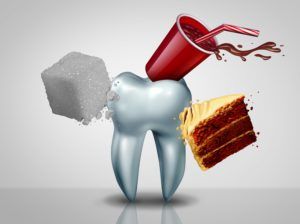 Giant tooth being attacked by soda, cake, and sugar
